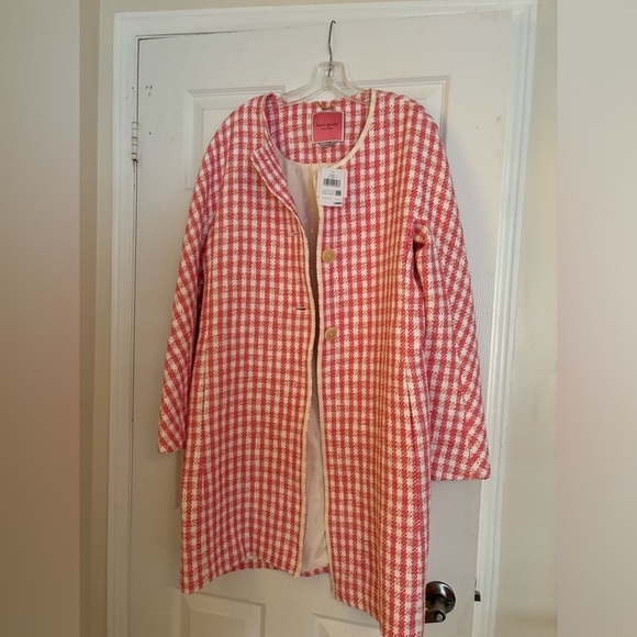 Kate Spade Gingham Tweed A-Line Button Front Collarless Coat Jacket - Picture 4 of 8